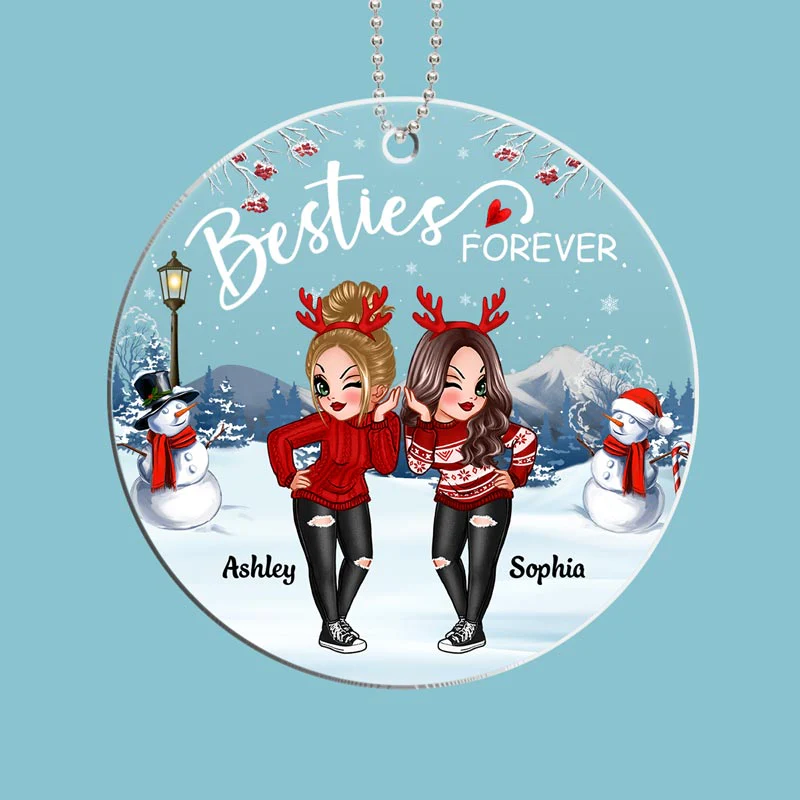 Doll Besties Sisters Standing In Snow Personalized Acrylic Ornament - Image 2