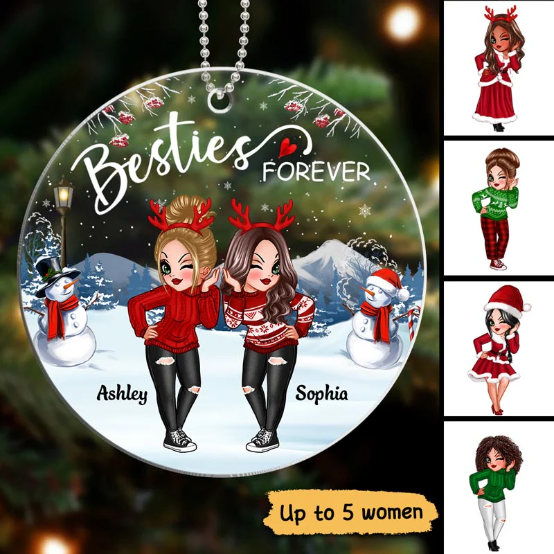Doll Besties Sisters Standing In Snow Personalized Acrylic Ornament - Image 3