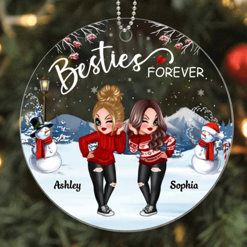 Doll Besties Sisters Standing In Snow Personalized Acrylic Ornament - Image 4