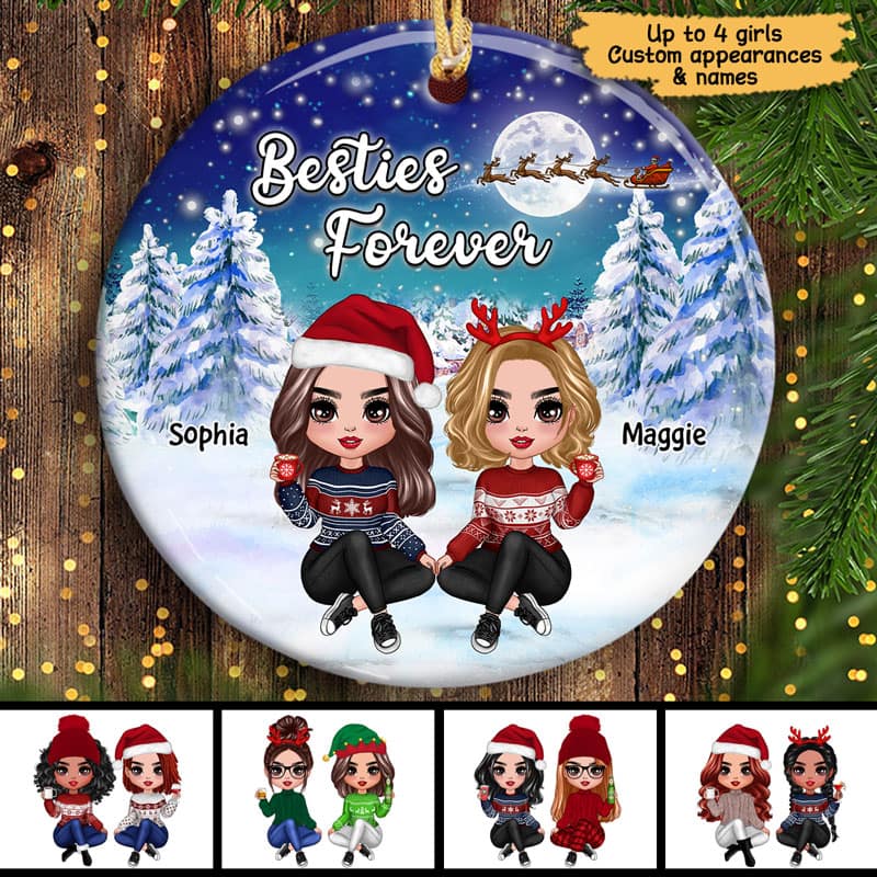 Doll Besties Sisters Under Moon Light In Christmas Night Personalized Circle Ornament