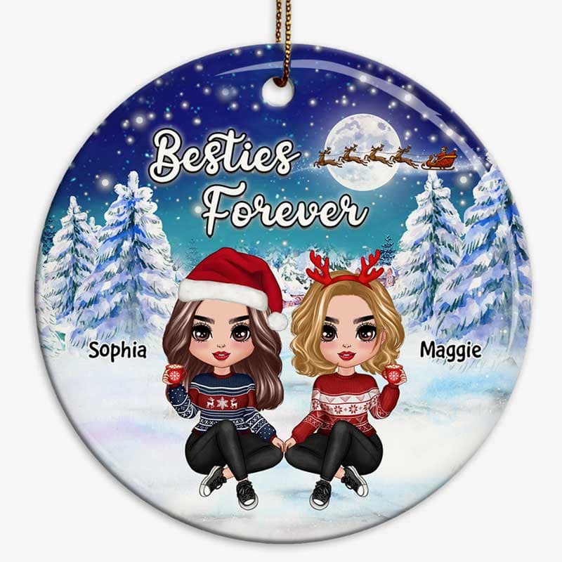 Doll Besties Sisters Under Moon Light In Christmas Night Personalized Circle Ornament - Image 2