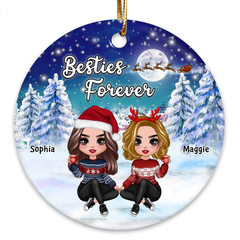 Doll Besties Sisters Under Moon Light In Christmas Night Personalized Circle Ornament - Image 3