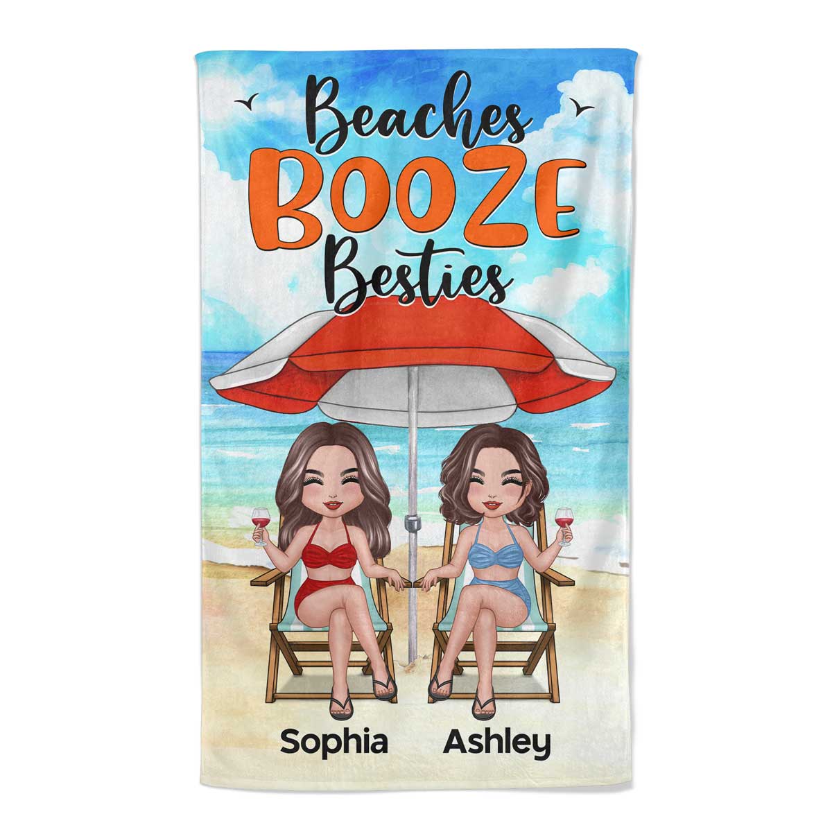 Doll Besties Sisters Under Umbrella Personalized Beach Towel