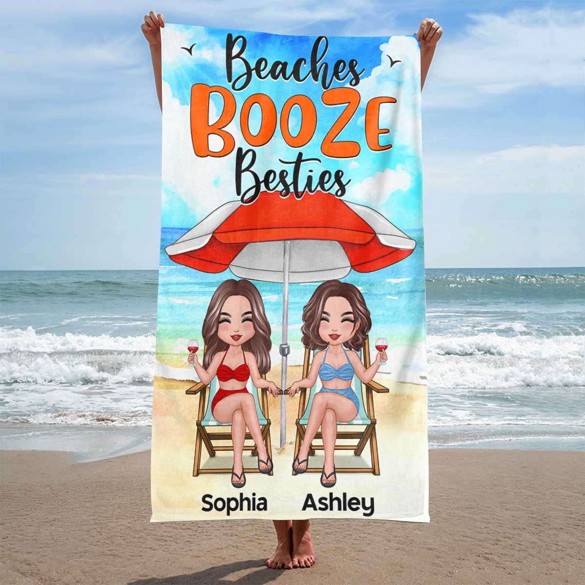 Doll Besties Sisters Under Umbrella Personalized Beach Towel - Image 2