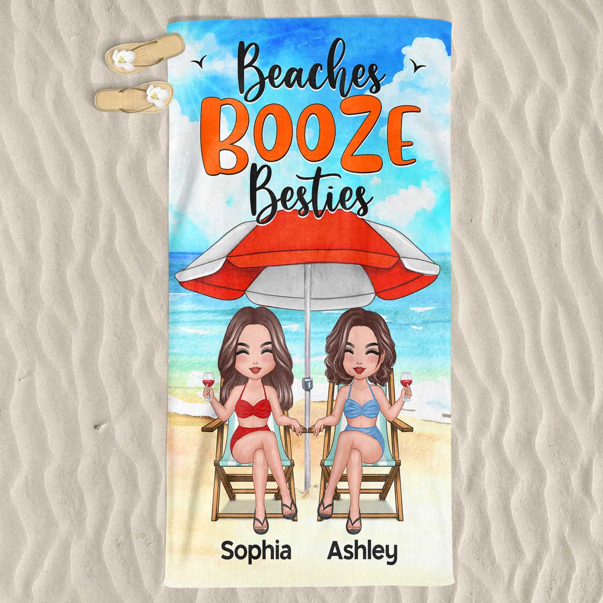 Doll Besties Sisters Under Umbrella Personalized Beach Towel - Image 3