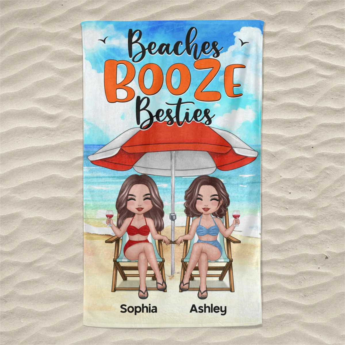 Doll Besties Sisters Under Umbrella Personalized Beach Towel - Image 4