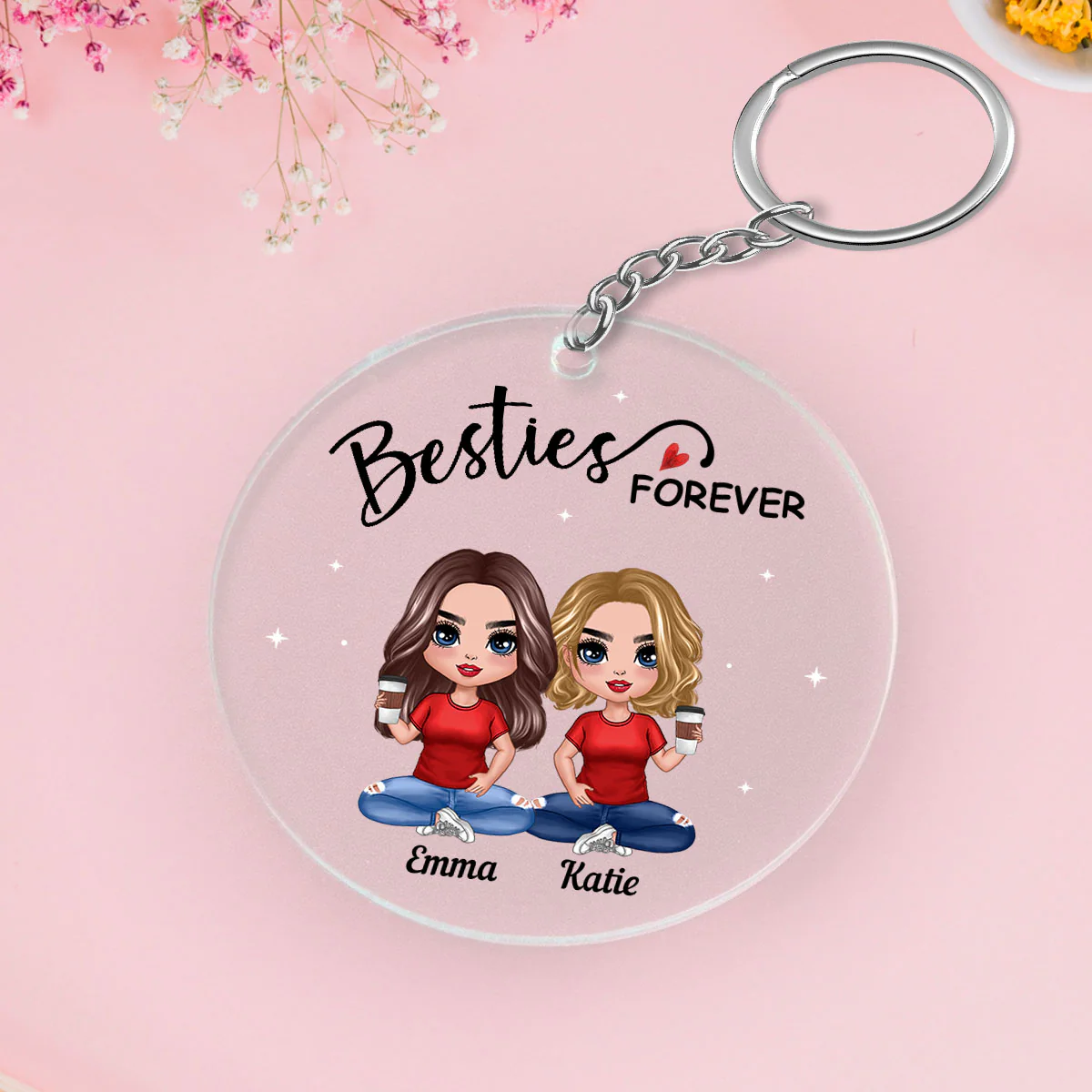 Doll Besties Sitting Always Sisters Besties Forever Personalized Circle Acrylic Keychain - Image 3