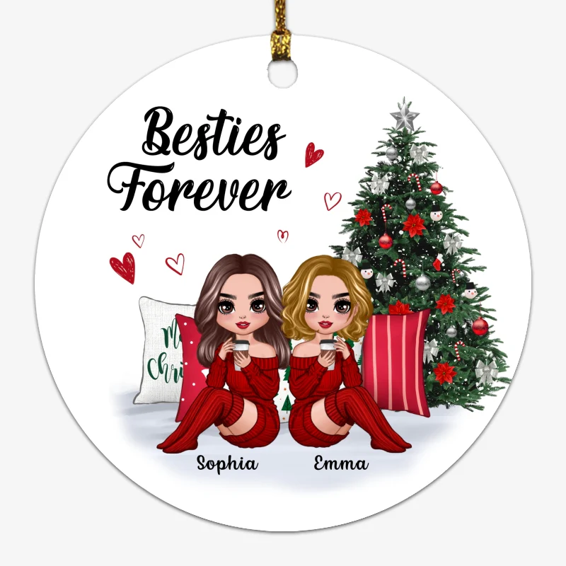 Doll Besties Sitting Beside Christmas Tree Personalized Circle Ornament - Image 2