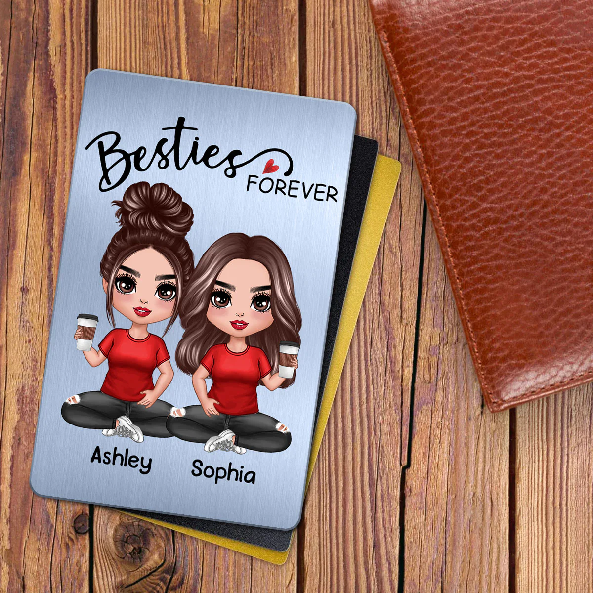 Doll Besties Sitting Besties Forever Always Sisters Personalized Metal Wallet Card - Image 3