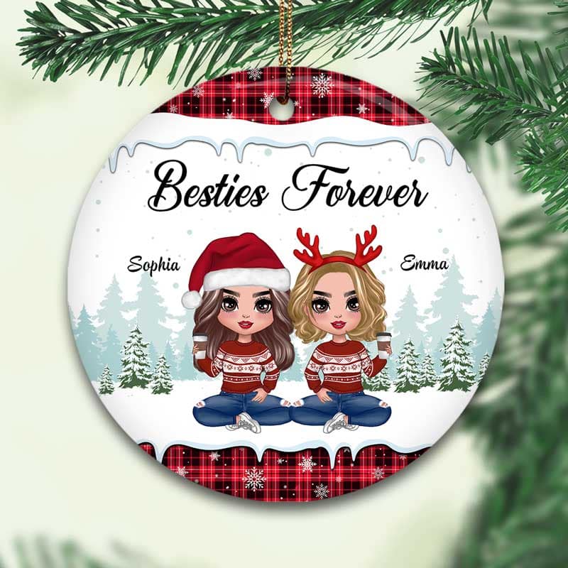 Doll Besties Sitting Checkered Pattern Christmas Personalized Circle Ornament - Image 2