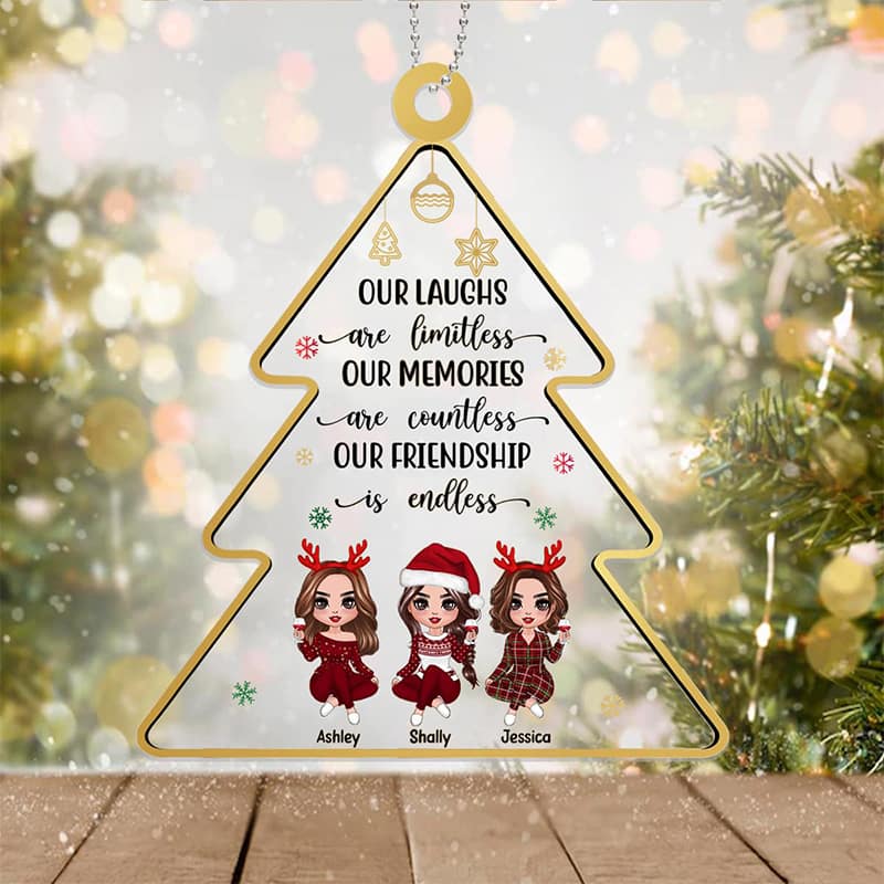 Doll Besties Sitting Christmas Tree Shape Personalized Acrylic Ornament