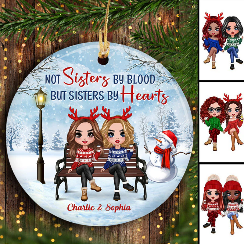 Doll Besties Sitting On Bench Christmas Personalized Circle Ornament