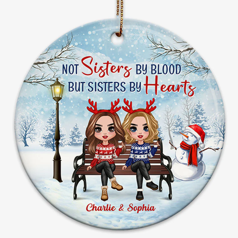 Doll Besties Sitting On Bench Christmas Personalized Circle Ornament - Image 2