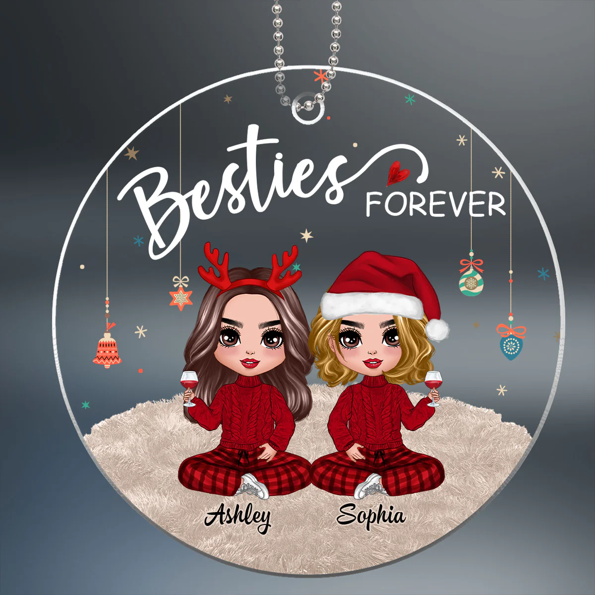 Doll Besties Sitting On Fluffy Rug Christmas Personalized Acrylic Ornament - Image 2