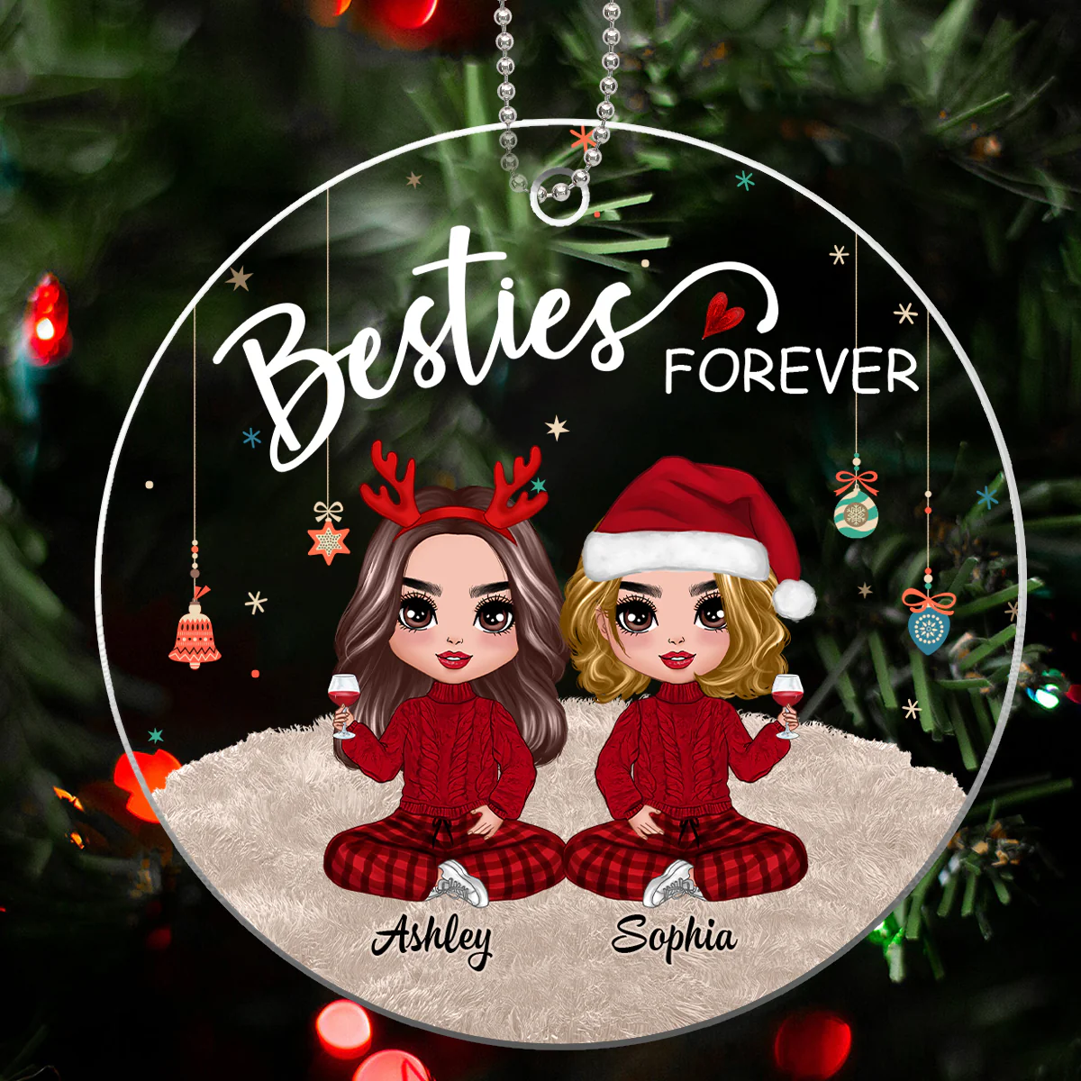 Doll Besties Sitting On Fluffy Rug Christmas Personalized Acrylic Ornament - Image 3