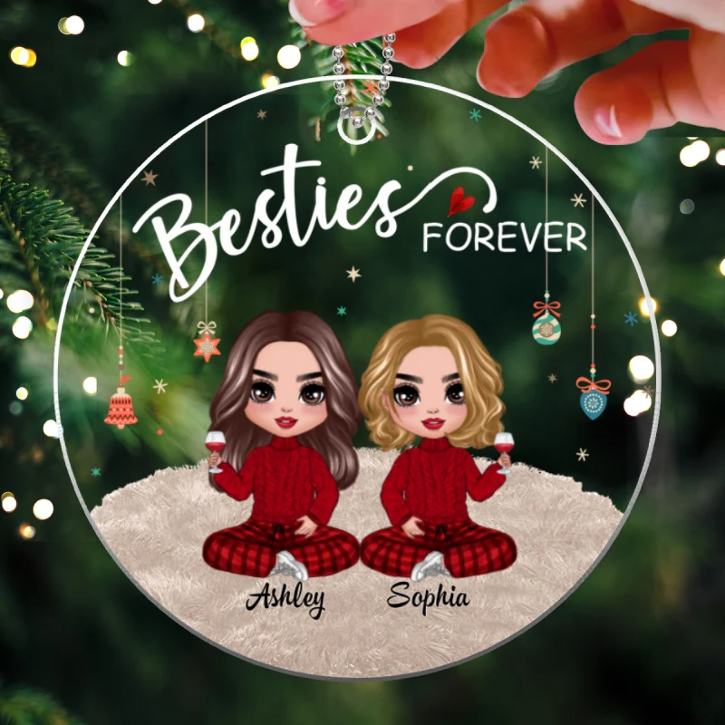Doll Besties Sitting On Fluffy Rug Christmas Personalized Acrylic Ornament - Image 4