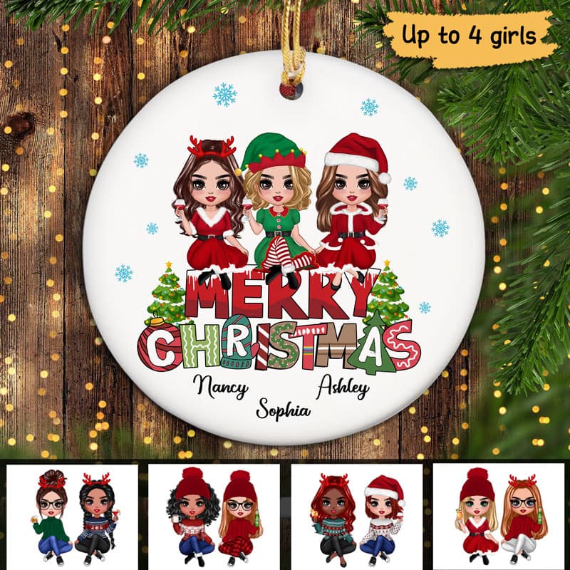 Doll Besties Sitting On Merry Christmas Text Personalized Circle Ornament - Image 2