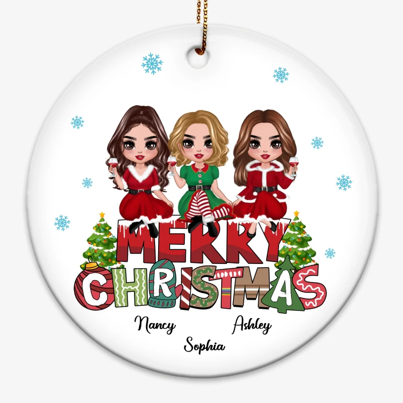 Doll Besties Sitting On Merry Christmas Text Personalized Circle Ornament - Image 3