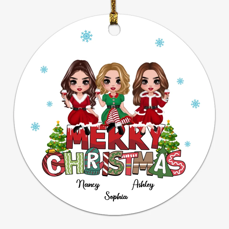 Doll Besties Sitting On Merry Christmas Text Personalized Circle Ornament - Image 4