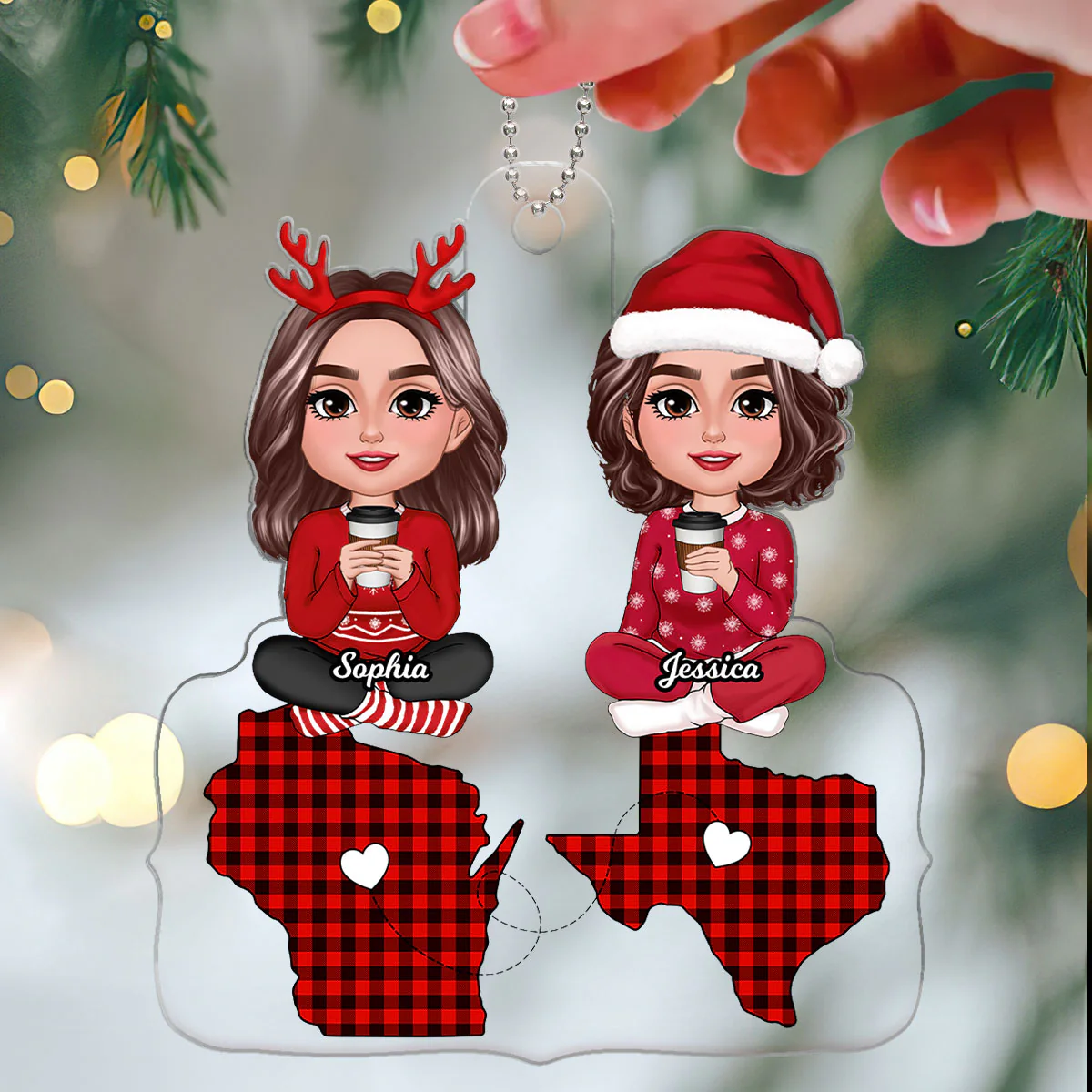 Doll Besties Sitting On State Maps Long Distance Friendship Personalized Acrylic Ornament - Image 3