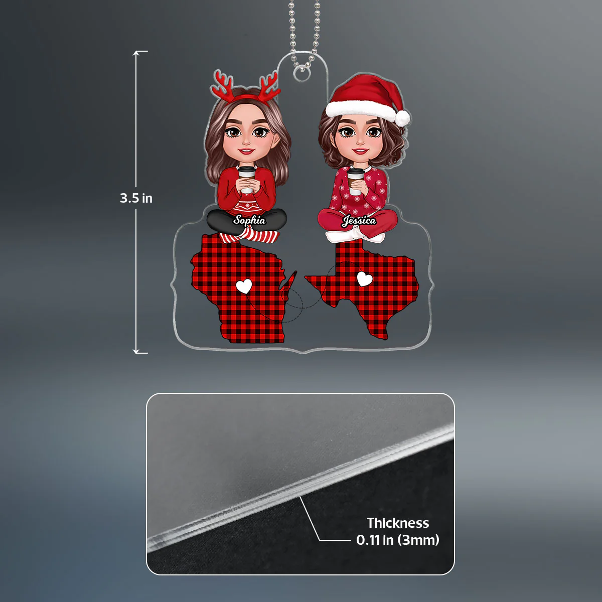 Doll Besties Sitting On State Maps Long Distance Friendship Personalized Acrylic Ornament - Image 4