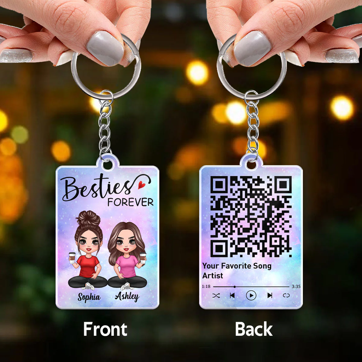 Doll Besties Sitting Sister Forever Favorite Song Scannable QR Code Personalized Acrylic Keychain - Image 3