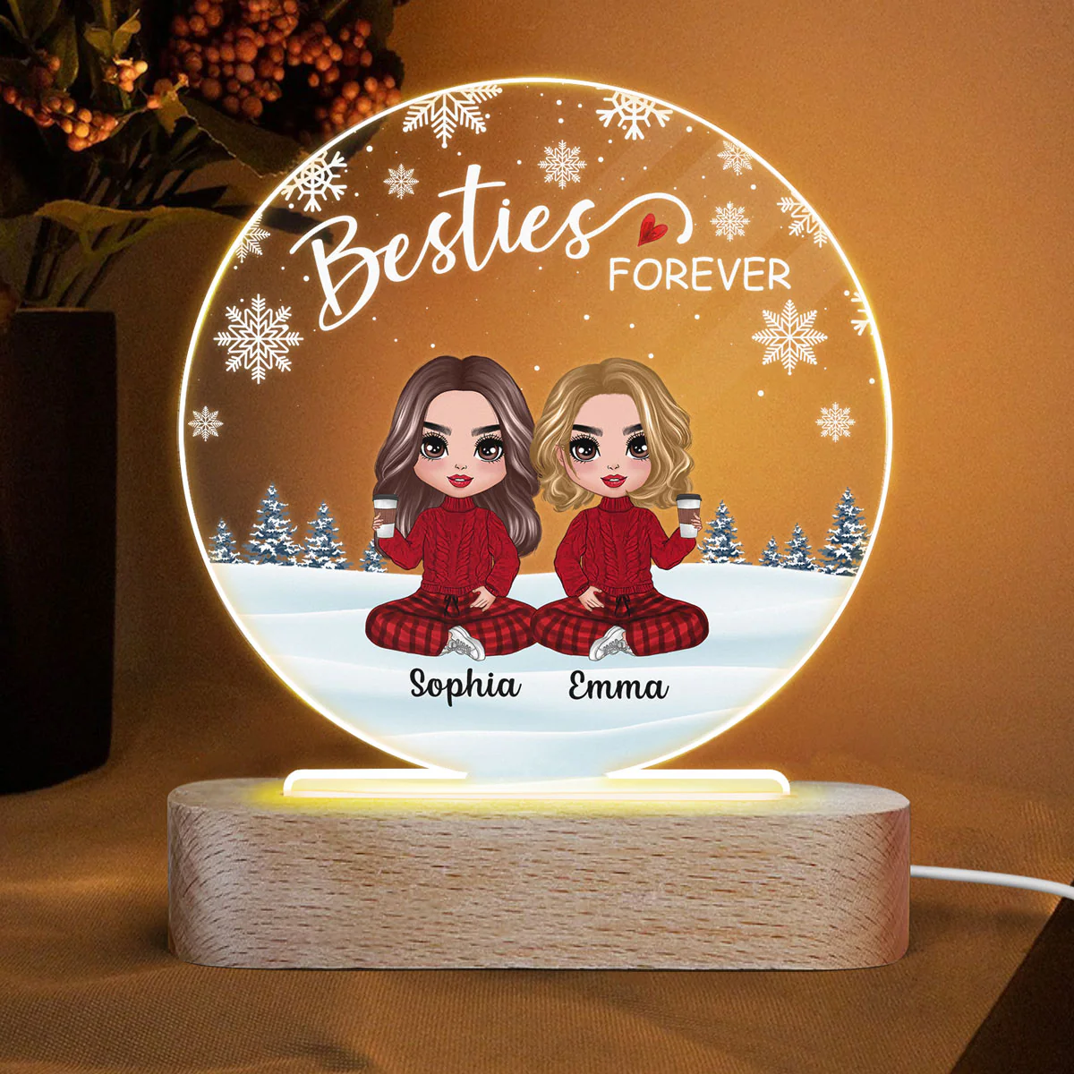 Doll Besties Sitting Snow Background Personalized Circle Acrylic Plaque LED Lamp Night Light
