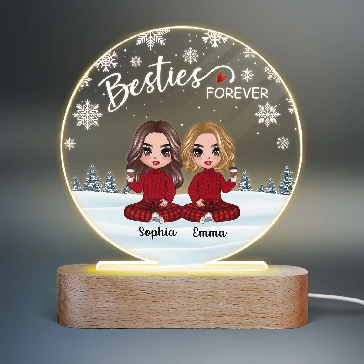Doll Besties Sitting Snow Background Personalized Circle Acrylic Plaque LED Lamp Night Light - Image 2