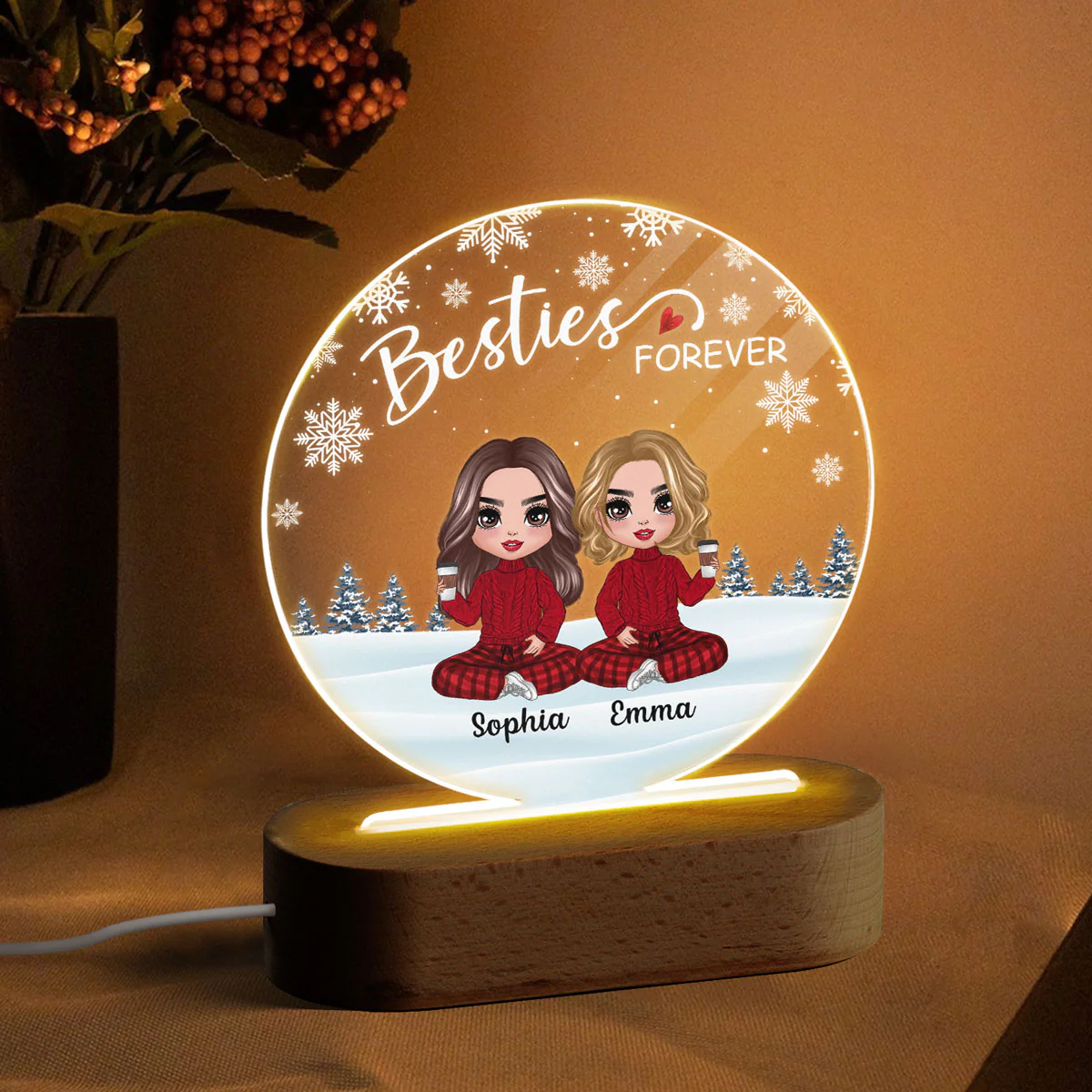 Doll Besties Sitting Snow Background Personalized Circle Acrylic Plaque LED Lamp Night Light - Image 3