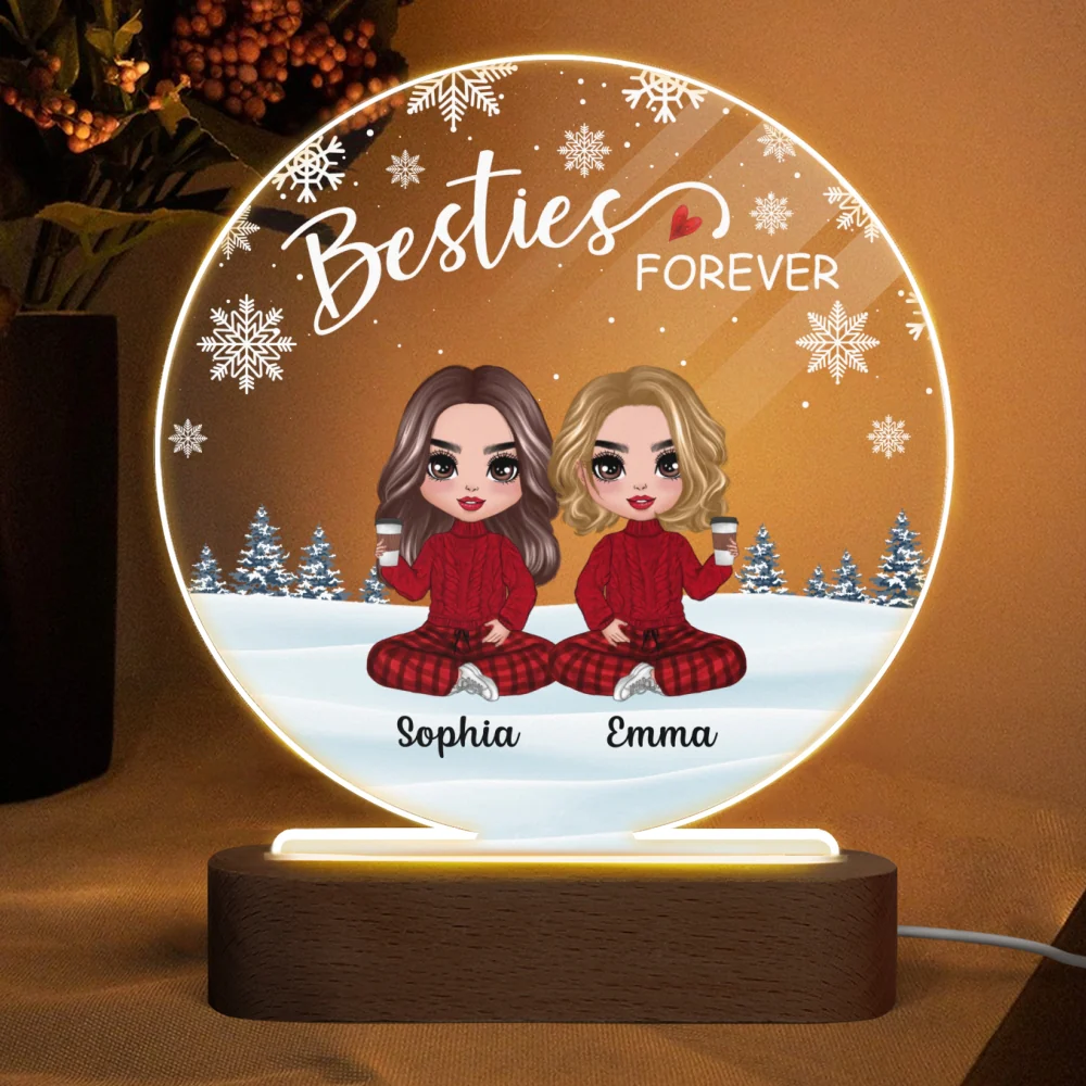 Doll Besties Sitting Snow Background Personalized Circle Acrylic Plaque LED Lamp Night Light - Image 4