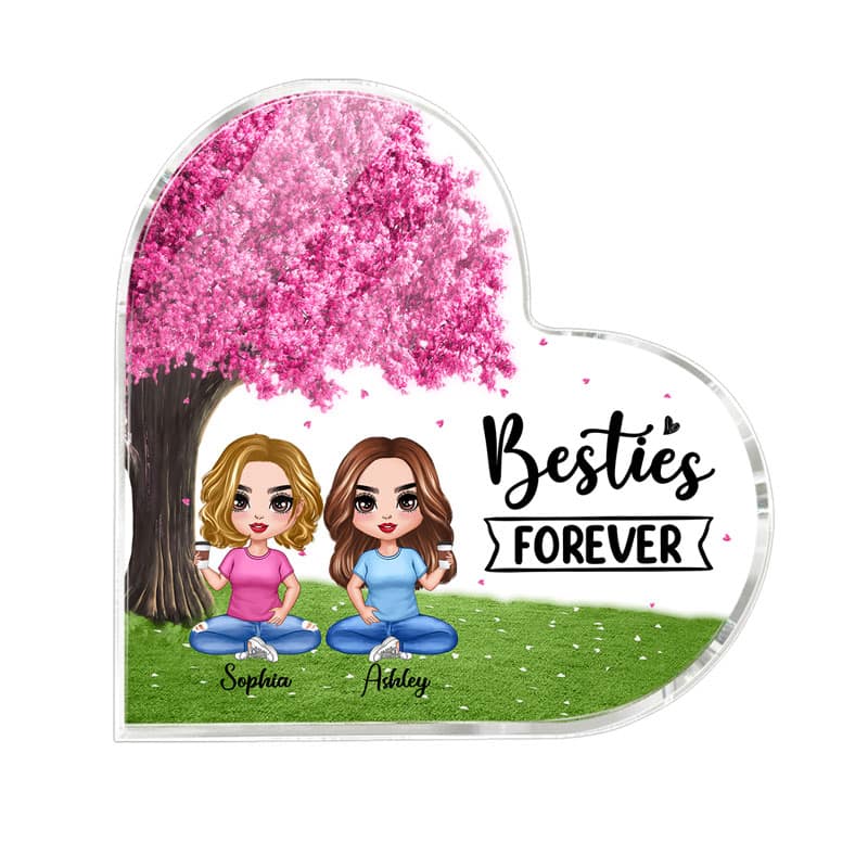 Doll Besties Sitting Under Pink Tree Personalized Acrylic Heart Plaque - Image 2