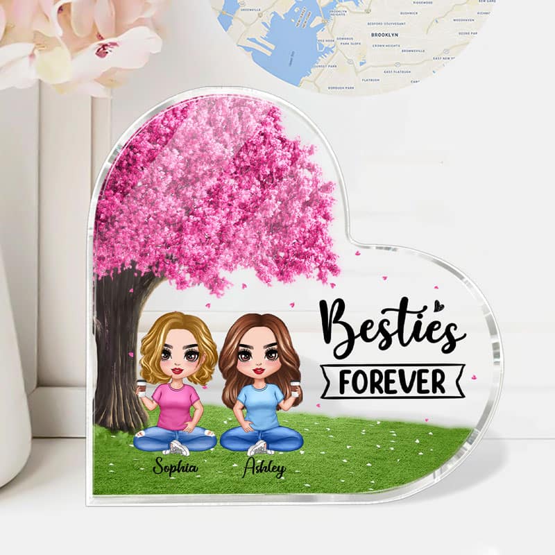 Doll Besties Sitting Under Pink Tree Personalized Acrylic Heart Plaque - Image 3