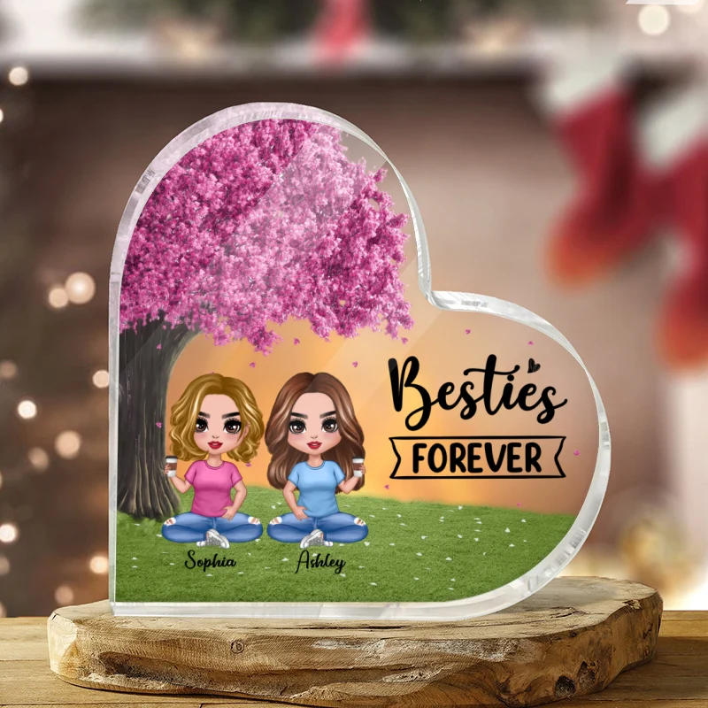 Doll Besties Sitting Under Pink Tree Personalized Acrylic Heart Plaque - Image 4
