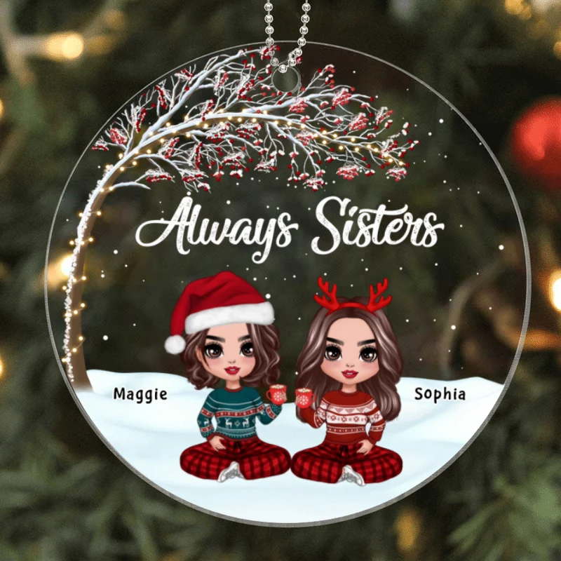Doll Besties Under Tree In Snow Personalized Acrylic Ornament - Image 3