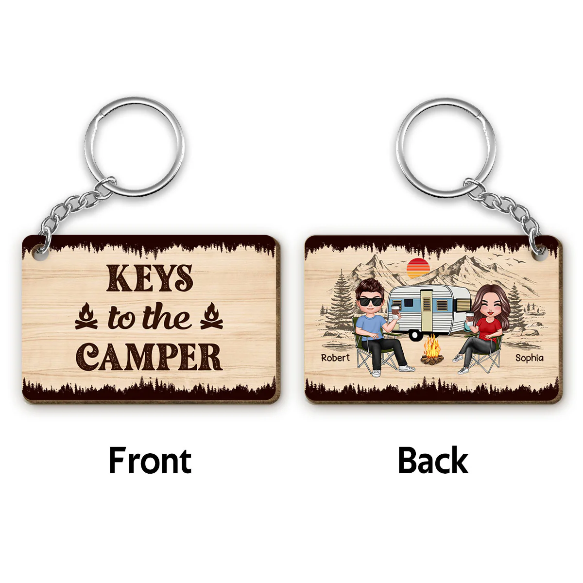 Doll Camping Couple Keys To The Camper Personalized Wooden Keychain
