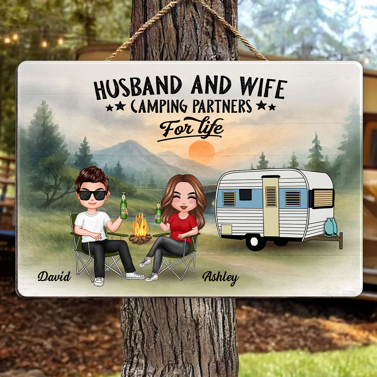 Doll Camping Couple Mountain Personalized Wood Sign - Image 3