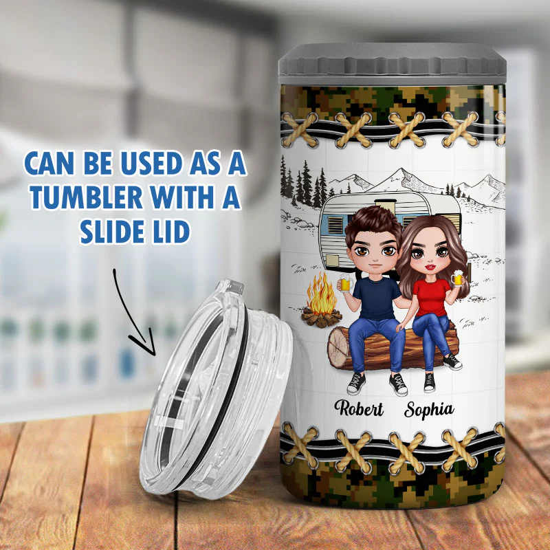 Doll Camping Couple On Wood Log Personalized 4 In 1 Can Cooler - Image 9