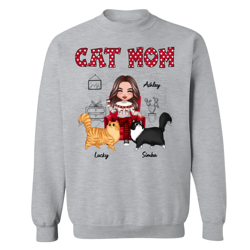Doll Cat Mom Polka Dot Cartoon Walking Cat Personalized Shirt - Image 14