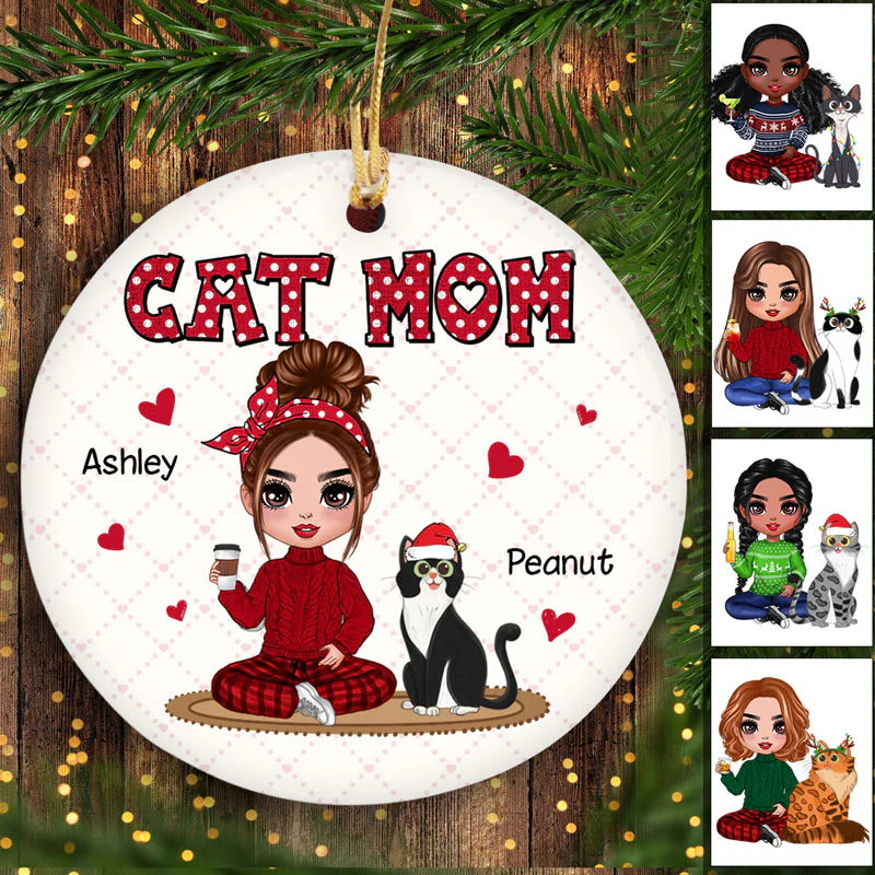 Doll Cat Mom Sitting Polka Personalized Circle Ornament - Image 2
