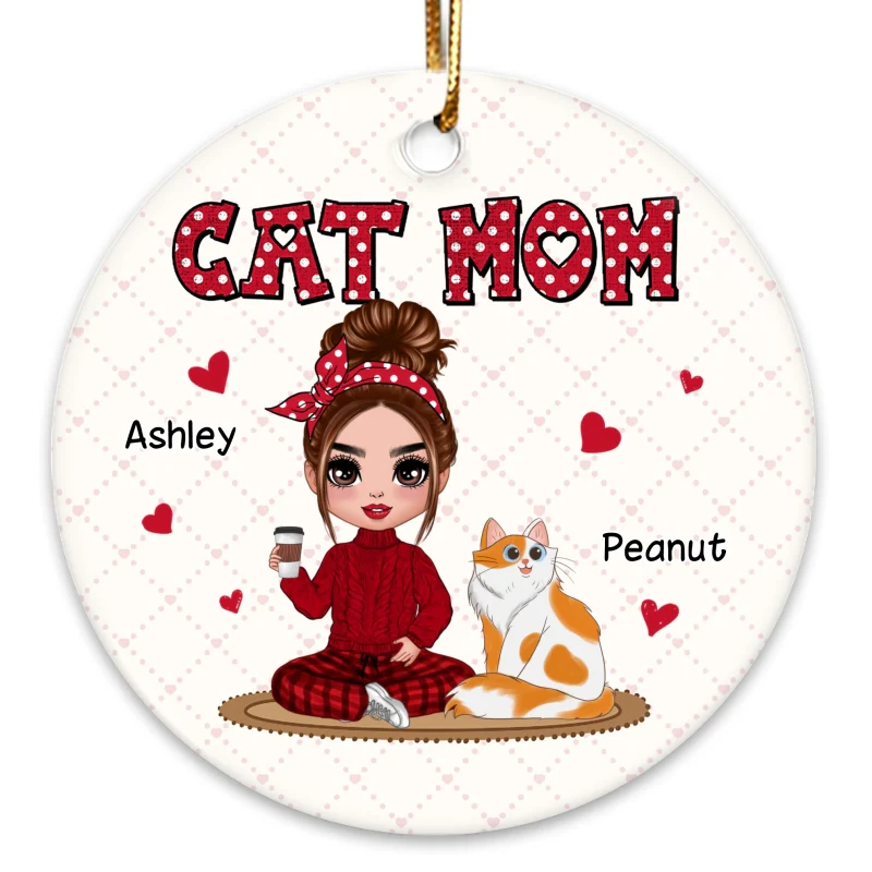 Doll Cat Mom Sitting Polka Personalized Circle Ornament - Image 3