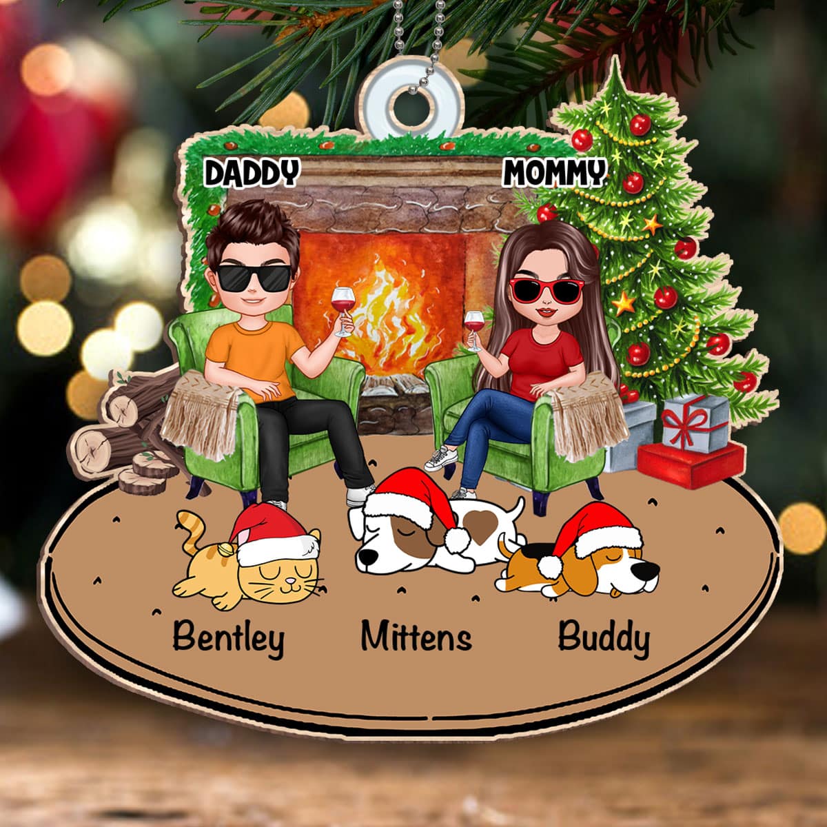 Doll Couple And Dogs Cats Christmas Personalized Wooden Ornament - Image 3