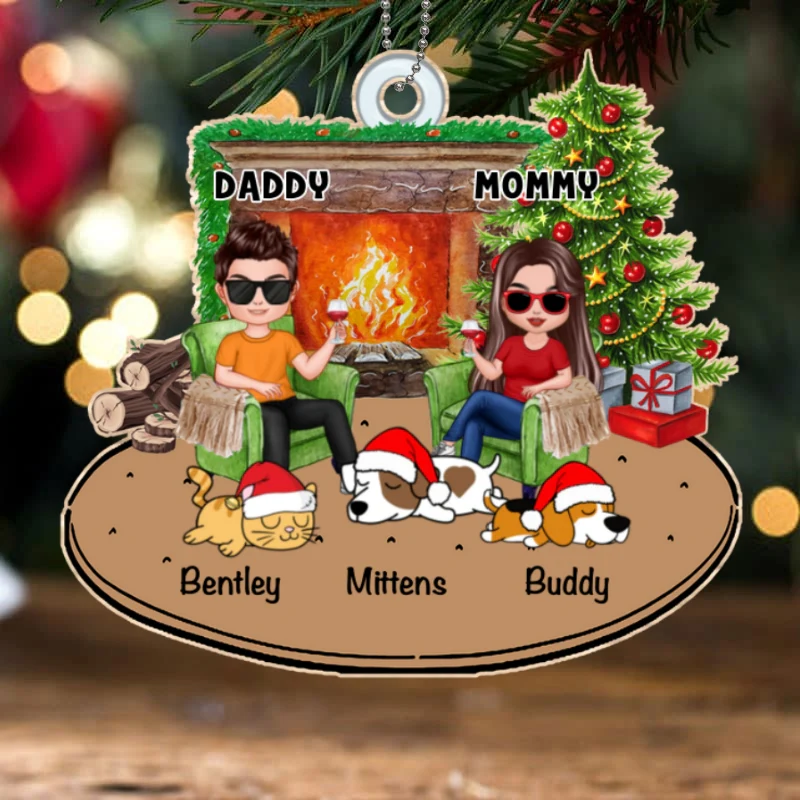 Doll Couple And Dogs Cats Christmas Personalized Wooden Ornament - Image 4