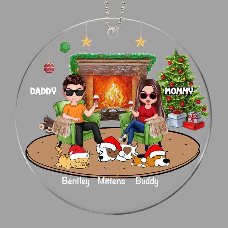 Doll Couple And Dogs Cats Personalized Christmas Acrylic Ornament