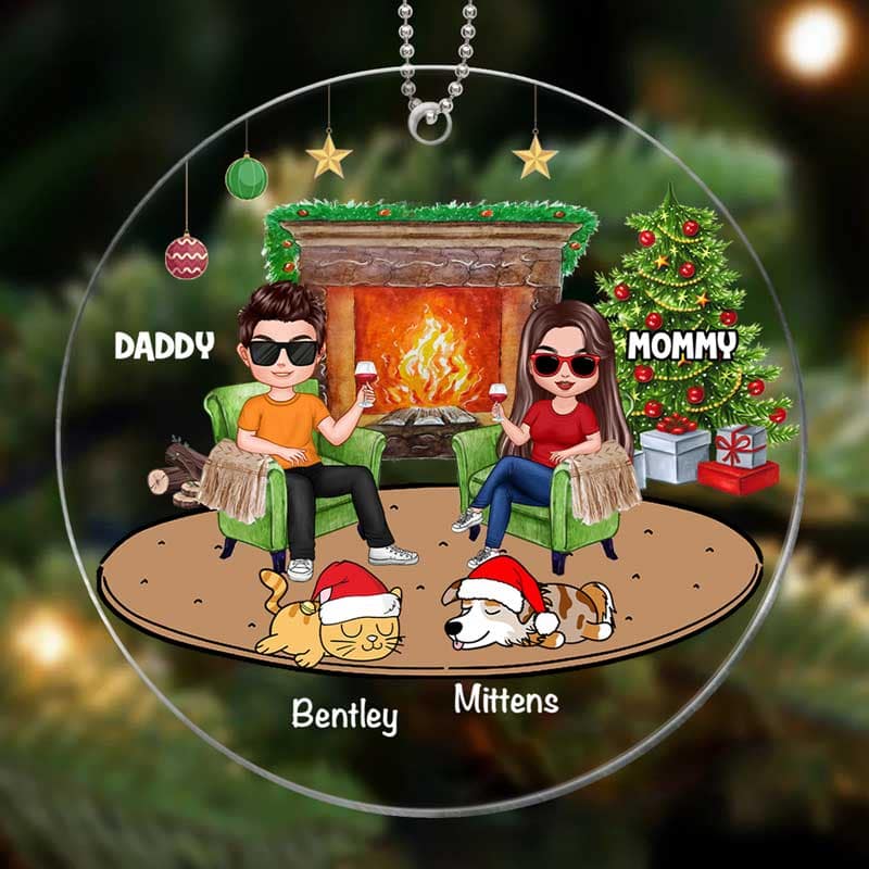 Doll Couple And Dogs Cats Personalized Christmas Acrylic Ornament - Image 2