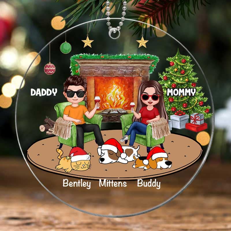 Doll Couple And Dogs Cats Personalized Christmas Acrylic Ornament - Image 3