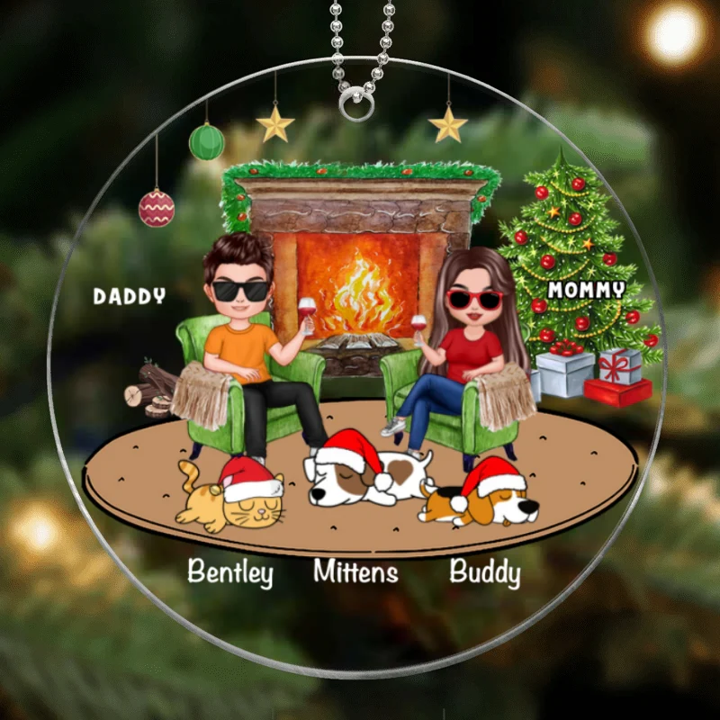 Doll Couple And Dogs Cats Personalized Christmas Acrylic Ornament - Image 4