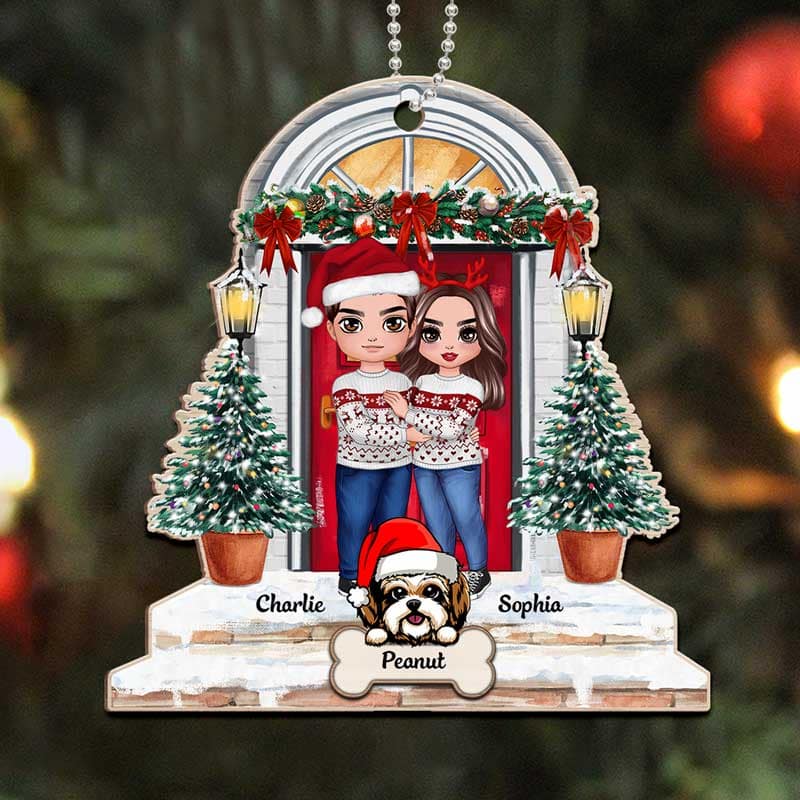 Doll Couple And Dogs Standing On The Front Porch Personalized Wooden Ornament - Image 3