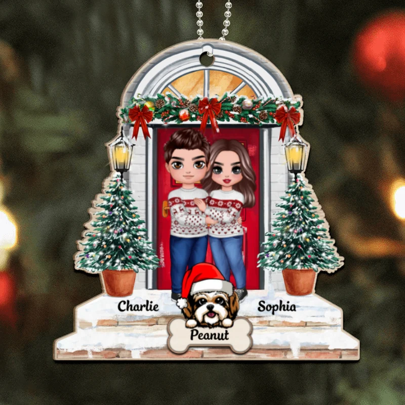 Doll Couple And Dogs Standing On The Front Porch Personalized Wooden Ornament - Image 4