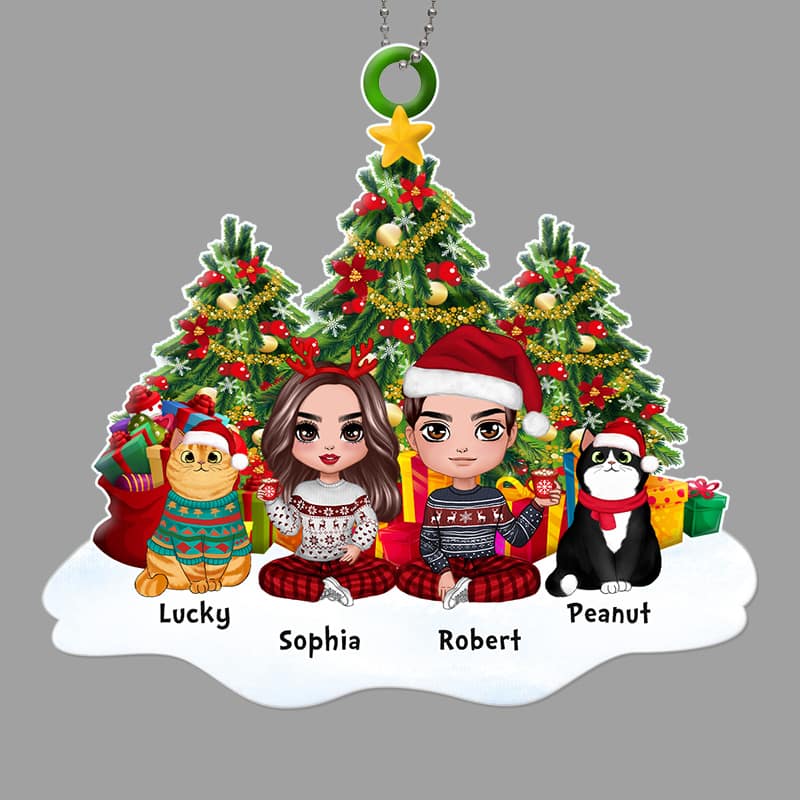 Doll Couple And Fluffy Cats Sitting On Snow Christmas Tree Personalized Acrylic Ornament - Image 2