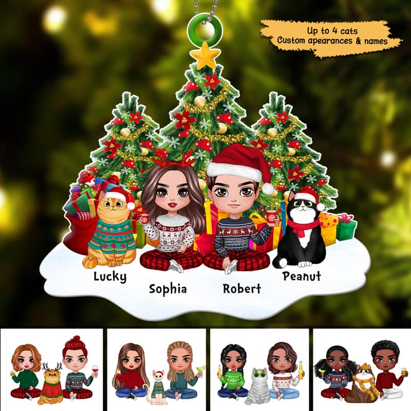 Doll Couple And Fluffy Cats Sitting On Snow Christmas Tree Personalized Acrylic Ornament - Image 3